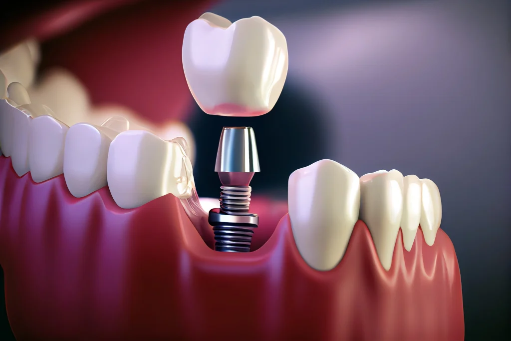 3D illustration of a dental implant placed in the jawbone, showing the implant screw, abutment, and crown structure.